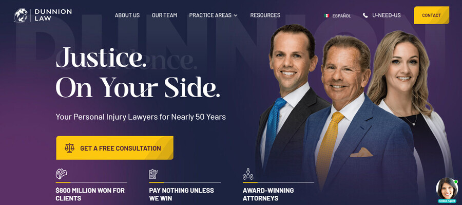 Dunnion Law's custom homepage showing the faces of the company in the hero