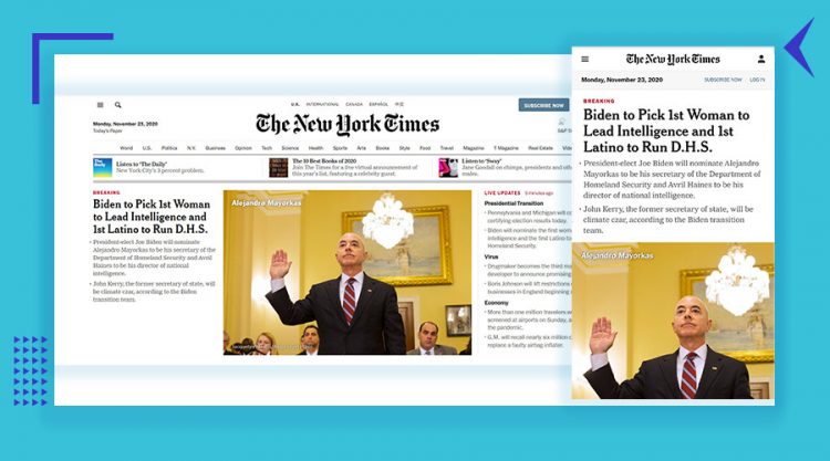 The New York Times desktop and mobile home page view as an example of responsive design